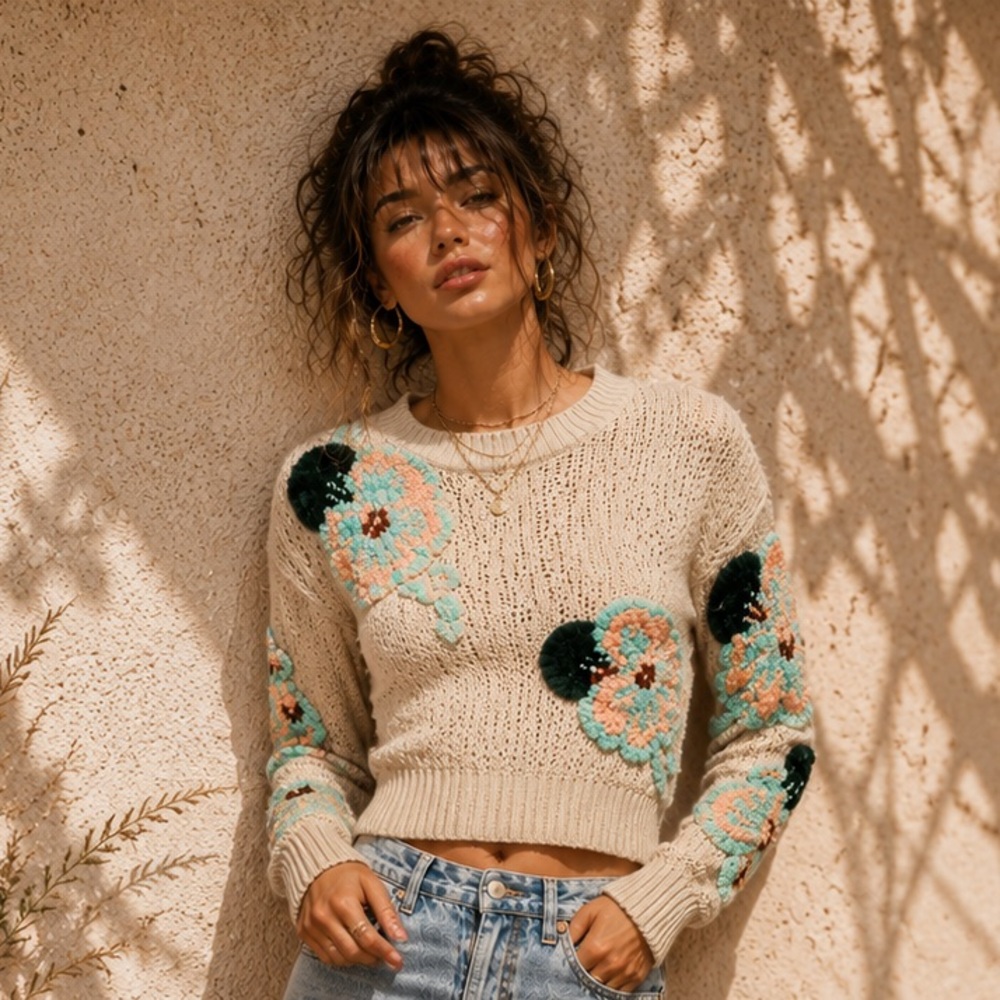 Urban Outfitters 🌺 textured floral appliqué flower cropped knit sweater